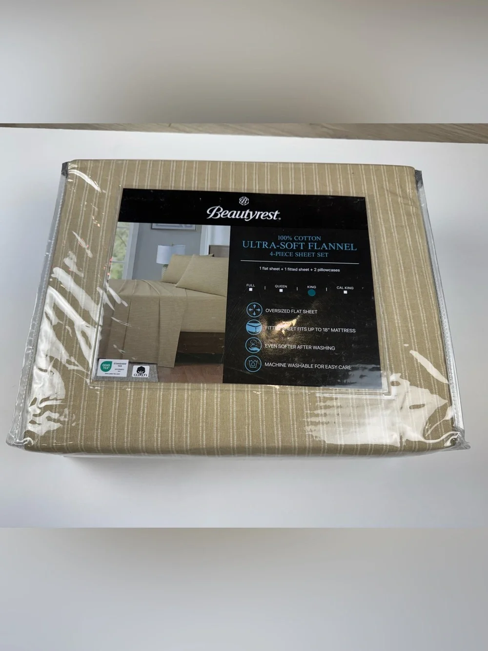 Beautyrest Flannel King Beige Stripe Sheets New